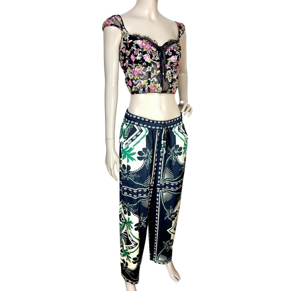 Rachel Zoe Satin High Waist Beaded Tassel Drawstring Printed Pants Medium